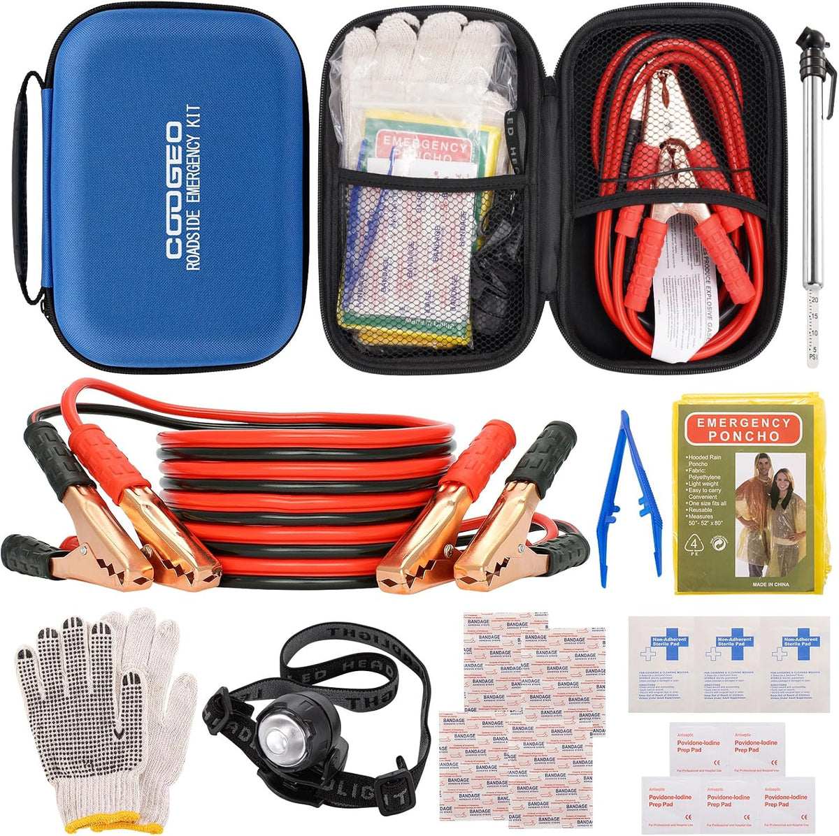 Car Roadside Emergency Kit with Battery Jumper Cables,Car Accessories for Men or Women,Automotive Safety Kit for Car,Vehicle, Truck or SUV,Gifts for Men or Him,Green