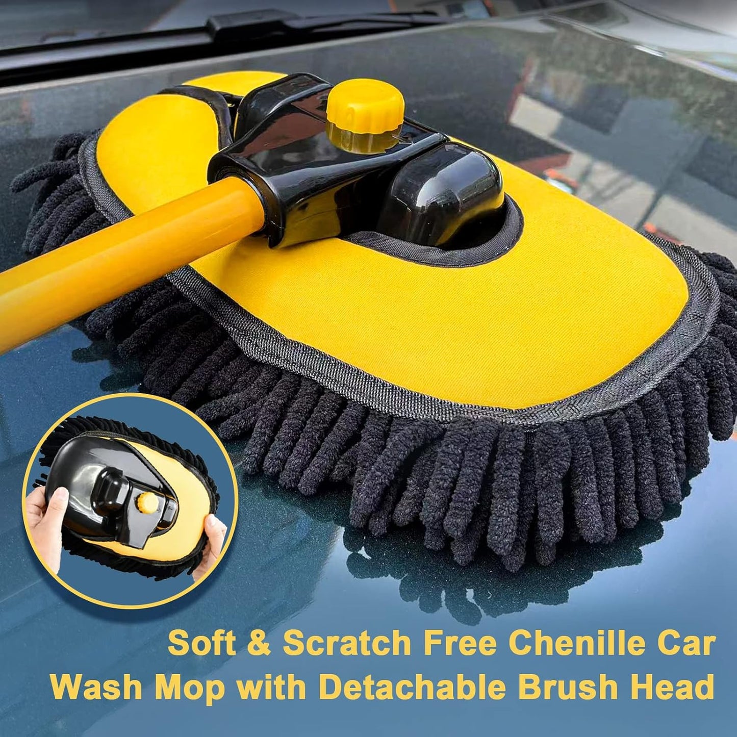YeewayVeh Car Wash Brush with Long Handle, Microfiber Car Wash Mop with Replaceable Chenille Brush Head, Soft Cleaning Brush with 15° Curved Extension Pole Car Wash Kit for RV Truck Camper, Yellow