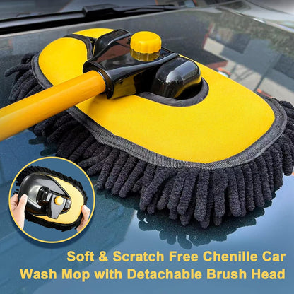 YeewayVeh Car Wash Brush with Long Handle, Microfiber Car Wash Mop with Replaceable Chenille Brush Head, Soft Cleaning Brush with 15° Curved Extension Pole Car Wash Kit for RV Truck Camper, Yellow