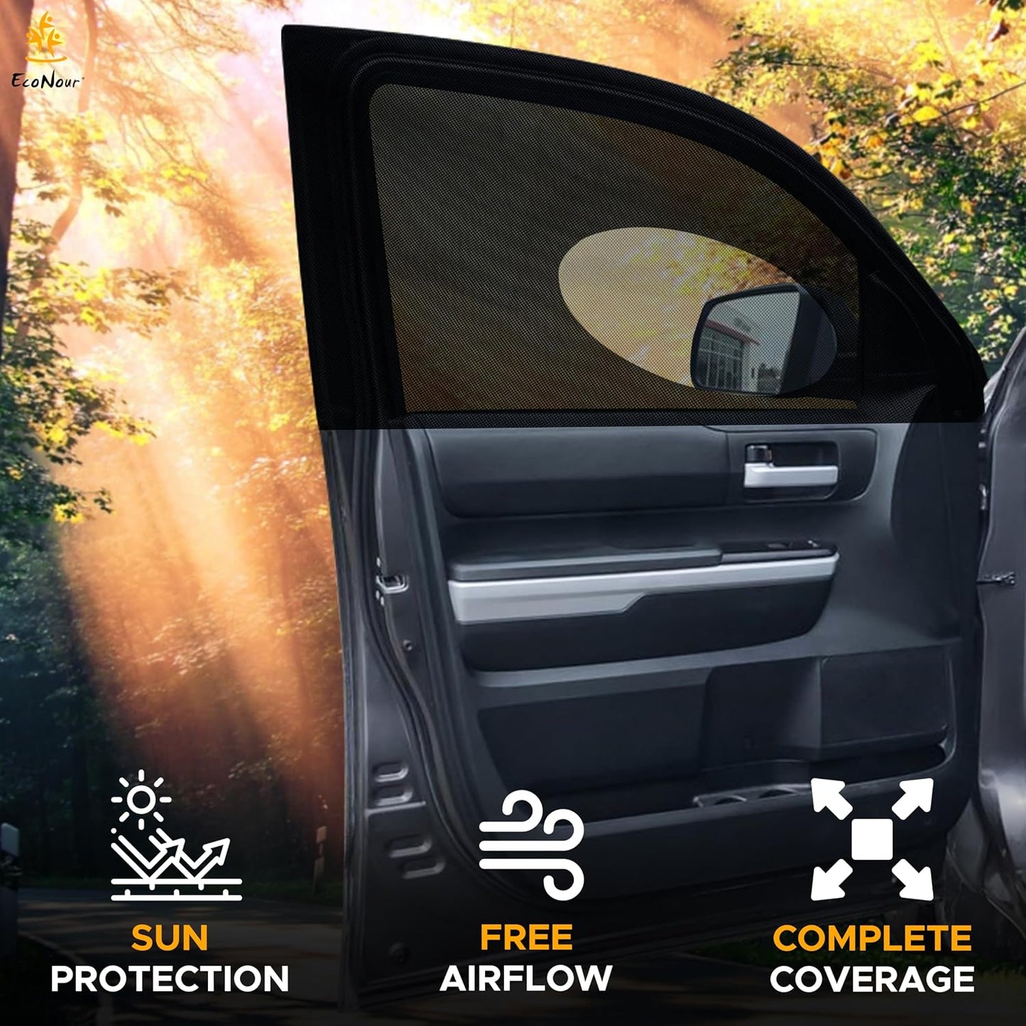 EcoNour Car Window Shades for Side Windows (Pack of 2) | Sun Shade for Car Heat and UV Protection | Adjustable Elastic Fabric Baby Car Shade | Rear Side Window Sun Shade Accessories (Large 21"x36")