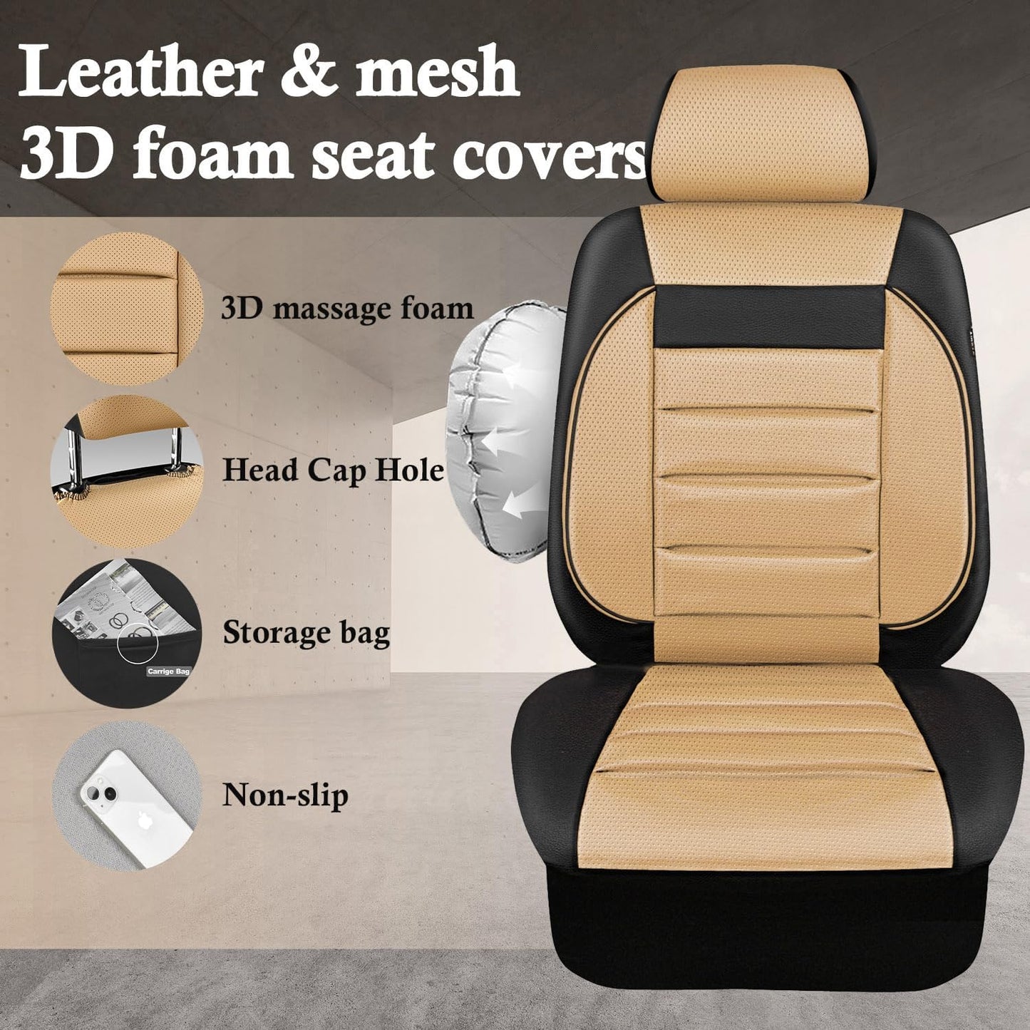 CAR PASS Faux Leather Car Seat Covers Front Seats Only, 3D Foam Support Car Seat Covers, Universal fit for Trucks Vans SUVs Sedans Automotive Comfortable, Airbag Compatible 2 Pieces Front Solid Black