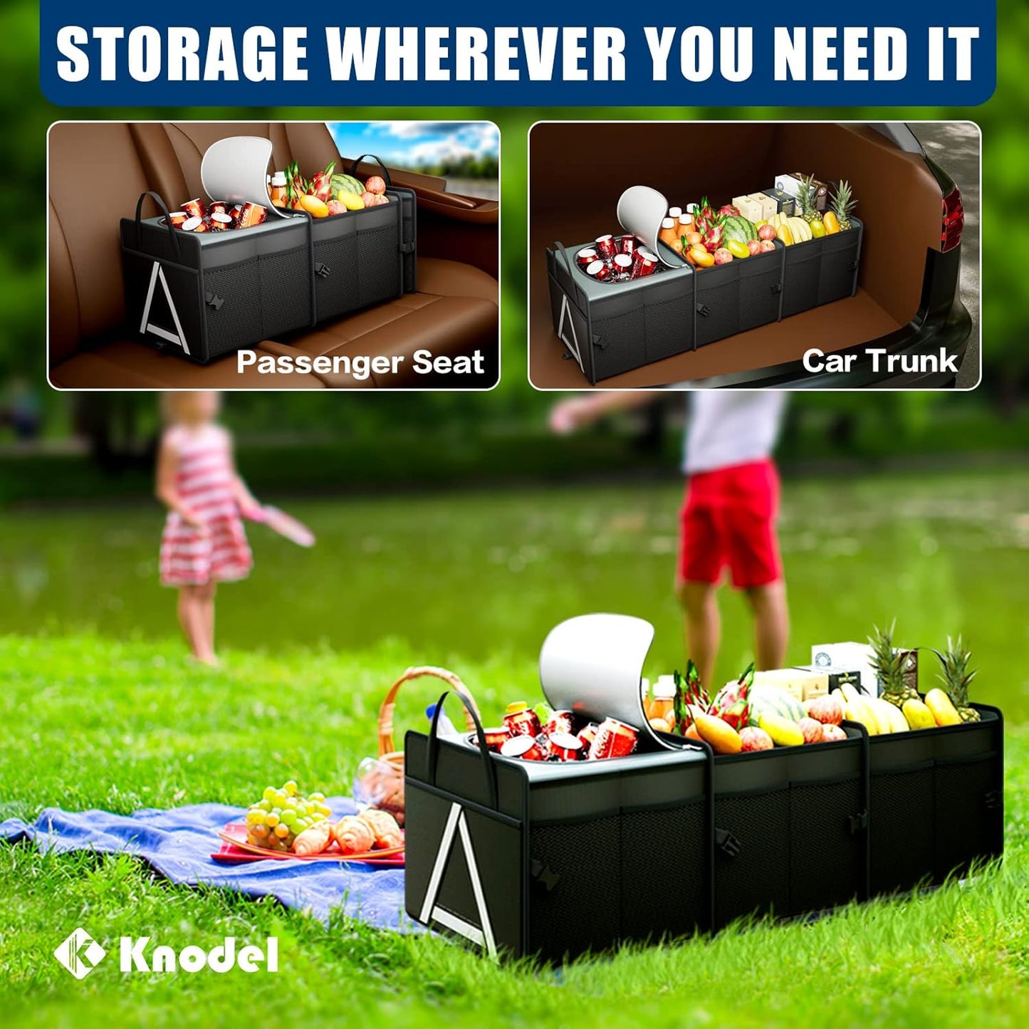 K KNODEL Sturdy Car Trunk Organizer with Premium Insulation Cooler Bag, 3 Compartments Heavy Duty Collapsible for Car, SUV, Truck, or Van (Large, Black)