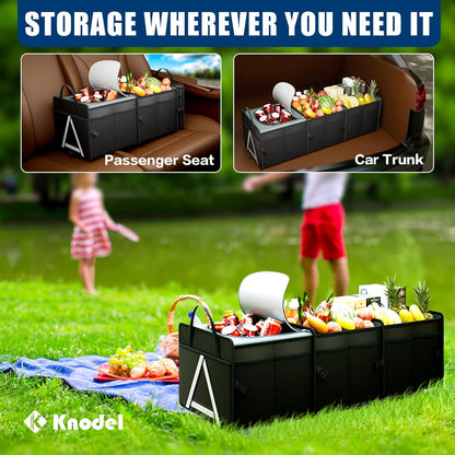K KNODEL Sturdy Car Trunk Organizer with Premium Insulation Cooler Bag, 3 Compartments Heavy Duty Collapsible for Car, SUV, Truck, or Van (Large, Black)
