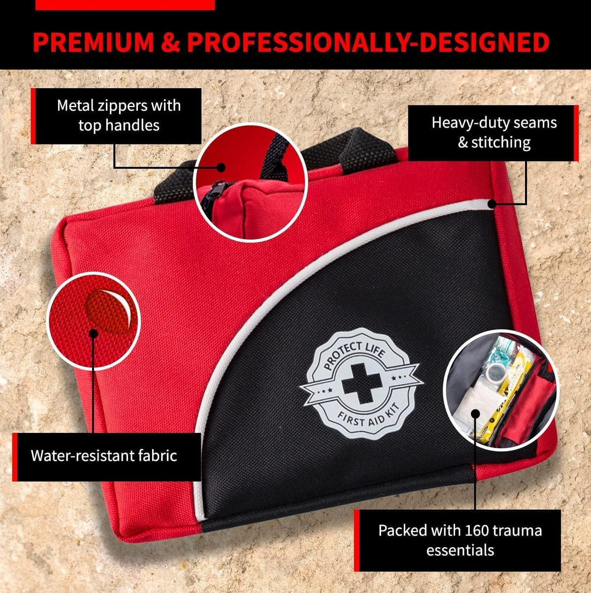 Protect Life Doctor Developed Mini First Aid Kit, 100 Piece Waterproof Emergency Kit for Car, Boat, Camping & Travel, Includes Emergency Blanket, Tourniquet & First Aid Guide