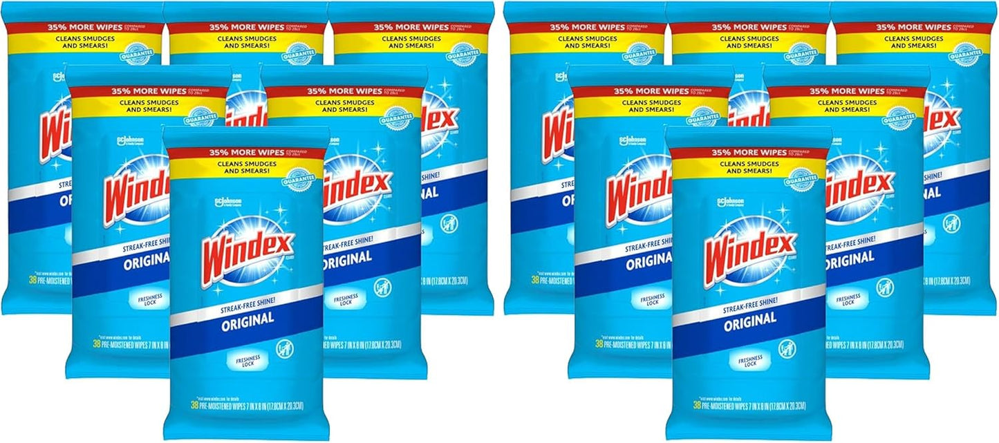 Windex Wipes Glass Cleaning, Pre-Moistened Glass and Surface Wipes to Clean Home Surfaces, Household Essentials, Original Scent, 38 Count (Pack of 1)