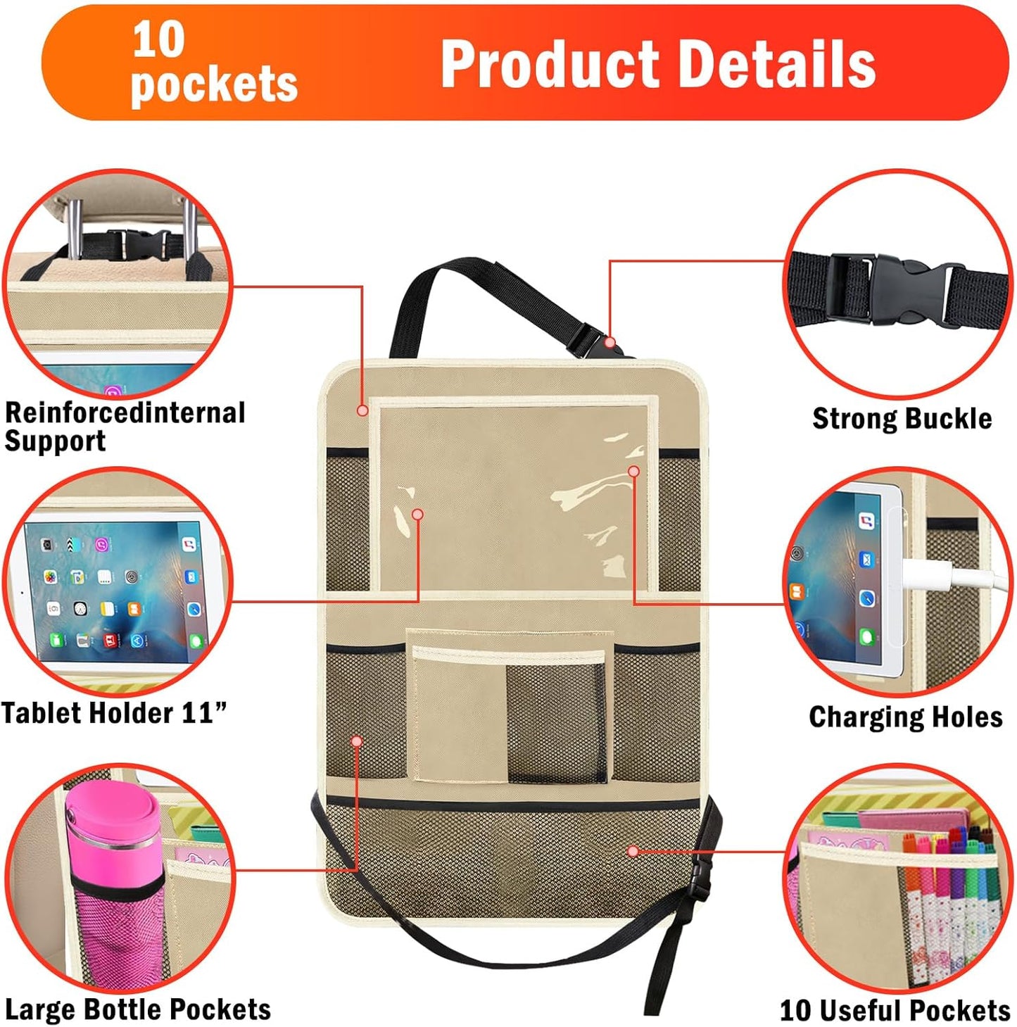 2Pack Car Backseat Organizer with Foldable Table Tray,6 Storage Pockets Car Storage Organizer with Tablet Holder,Car Seat Back Protectors Kick Mats Travel Accessories (Black)