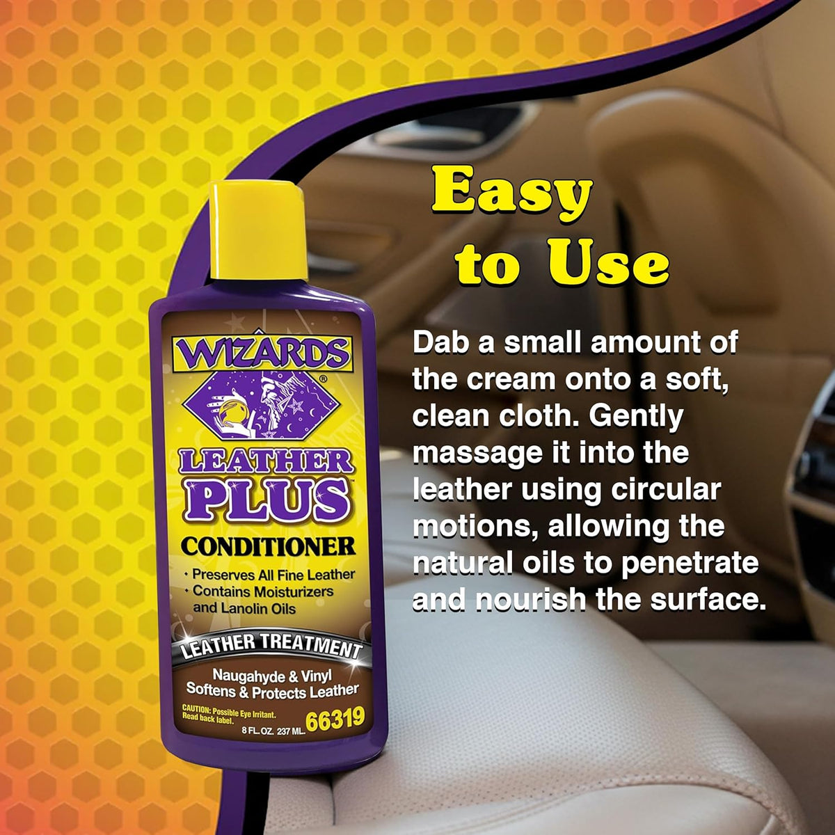 Wizards Leather Plus Conditioner - Moisturizing Car Leather Seat Cleaner and Conditioner - Cleans, Conditions and Protects Leather, Naugahyde and Vinyl Car Accessories - 8 oz - Made in USA