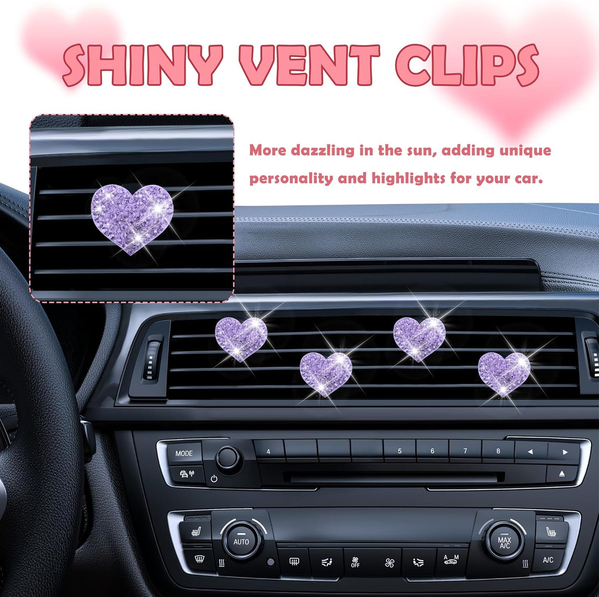 4PCS Heart-Shaped Car Vent Clips with Rhinestone,Bling Air Vent Clips Car Decorations,Premium Shiny Car Clips for Vents CCar Accessories Interior for Cars,Trucks,SUVs (Pink)