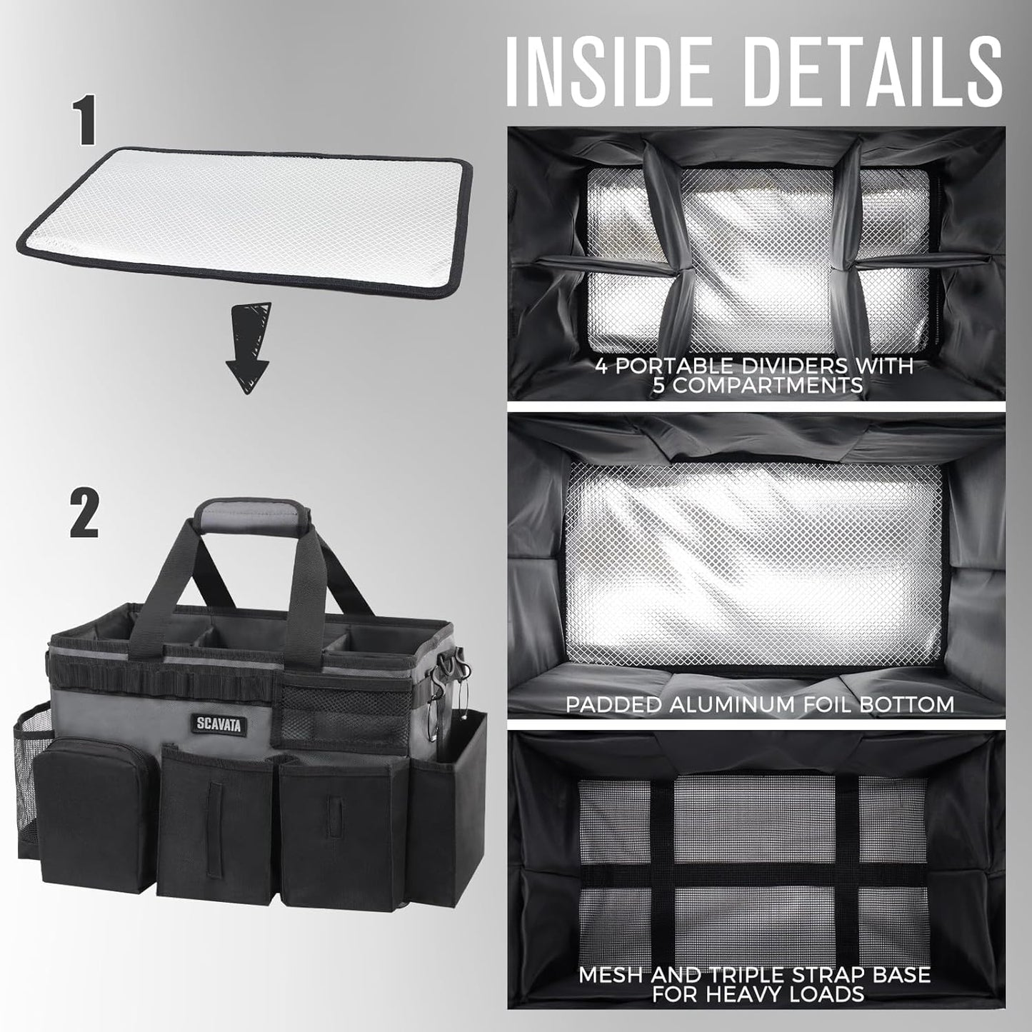 SCAVATA Wearable Cleaning Caddy Bag, Supplies Organizer with Handle & Shoulder Straps for Housekeepers, Under Sink & Car Cleaning Tool Organizer with 4 Foldable Dividers (Black)