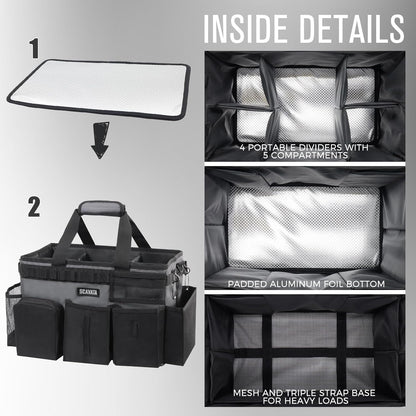 SCAVATA Wearable Cleaning Caddy Bag, Supplies Organizer with Handle & Shoulder Straps for Housekeepers, Under Sink & Car Cleaning Tool Organizer with 4 Foldable Dividers (Black)