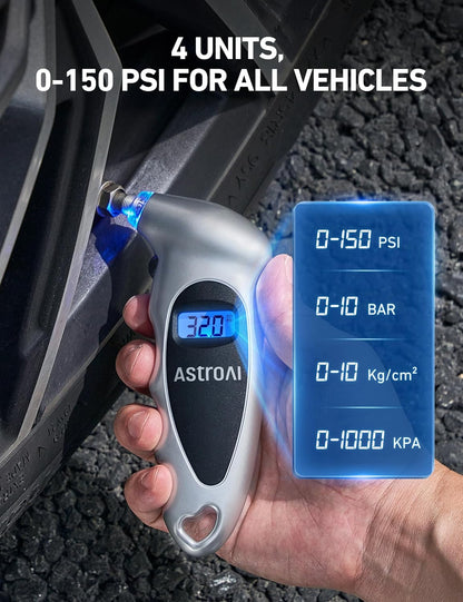 AstroAI Digital Tire Pressure Gauge 0-150PSI Calibrated to ANSI B40.7 +/-1PSI, 4 Units for Car Truck with Backlight LCD, Silver, 2Pack