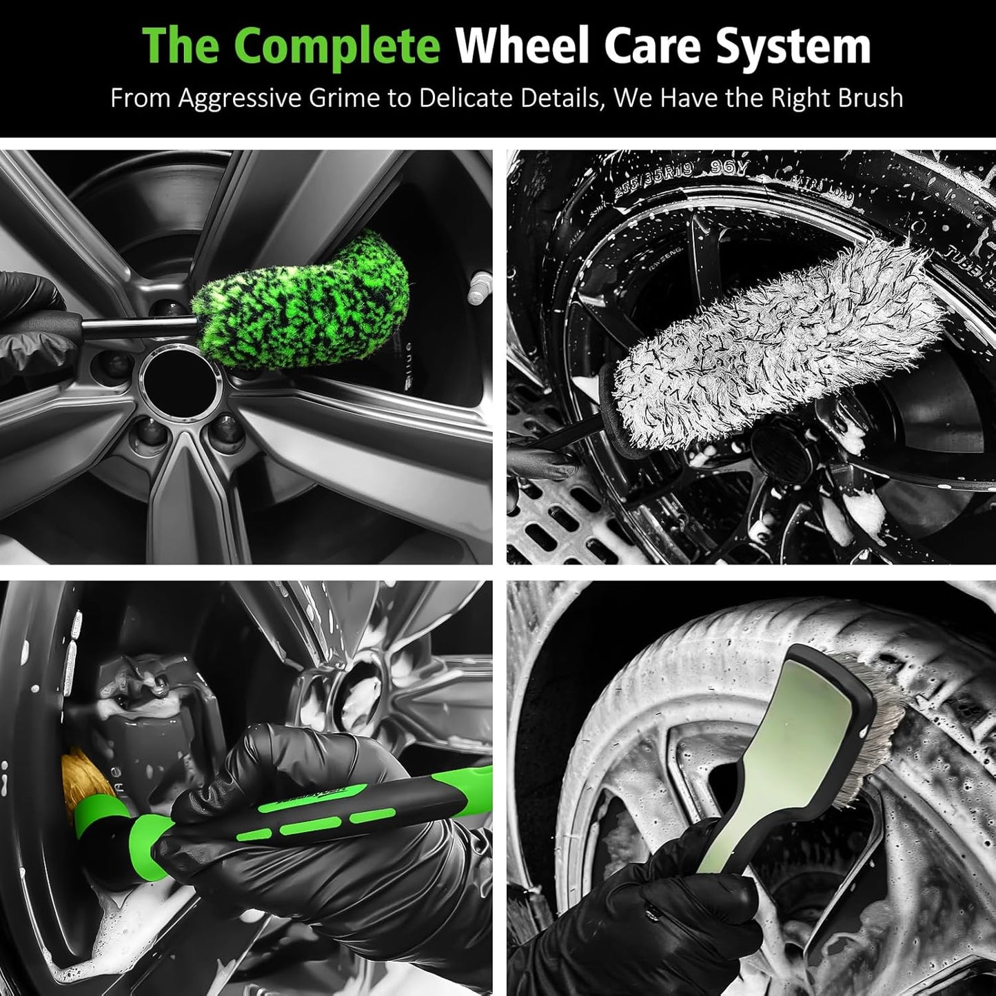 YeewayVeh 3PCS Quick Car Wheel Brush Kit, 2-Size 360° Bendale Rim Cleaner Brushes, Boars Hair Detailing Brush, Fast Scratch-Free Cleaning for Car Wheels, Motorcycle, Green