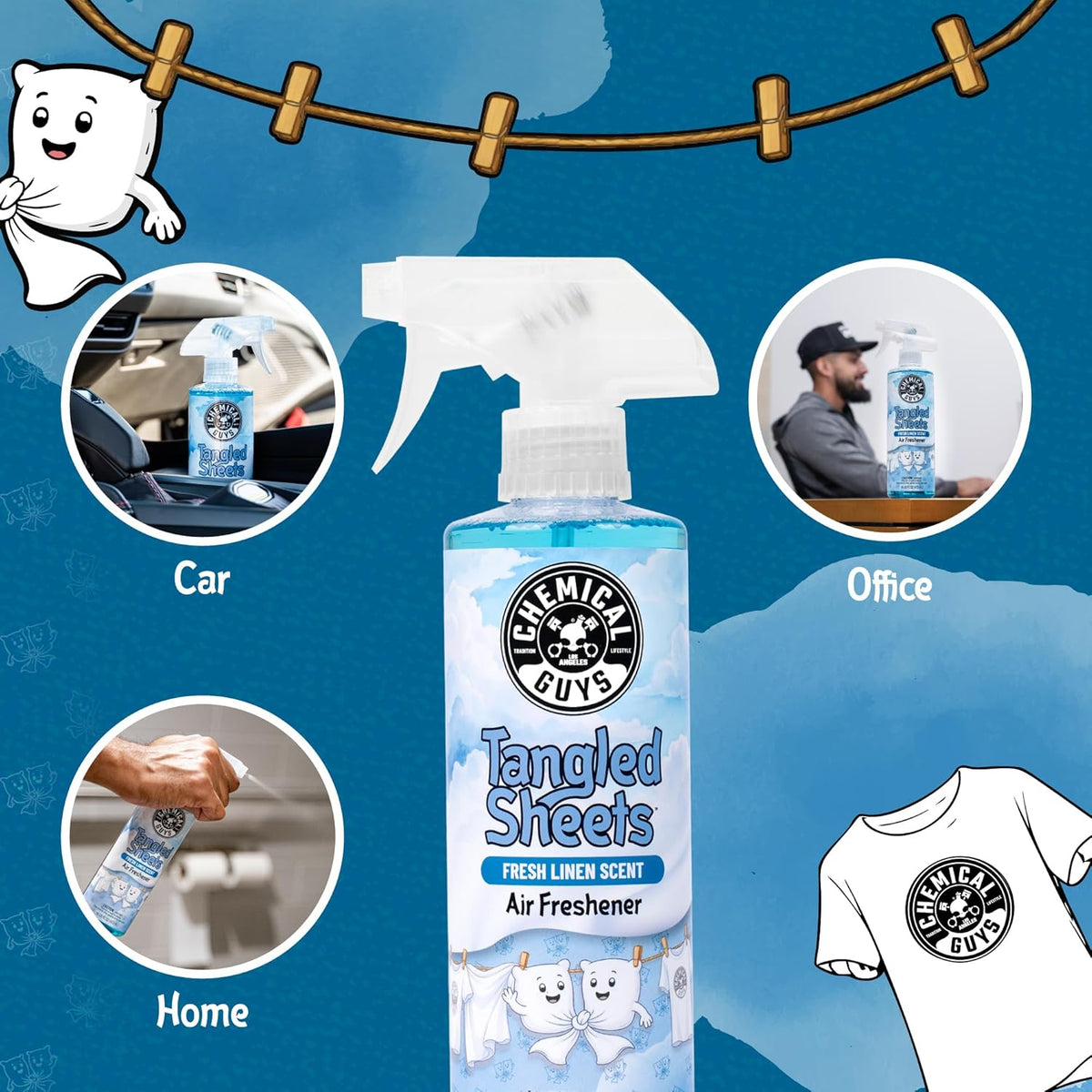 Chemical Guys Tangled Sheets Fresh Linen Scent Air Freshener Spray and Odor Eliminator, Clean Fabric Inspired Spray for Home, Office, Bathroom, Dorm, and Car Interior - 16 Fl Oz