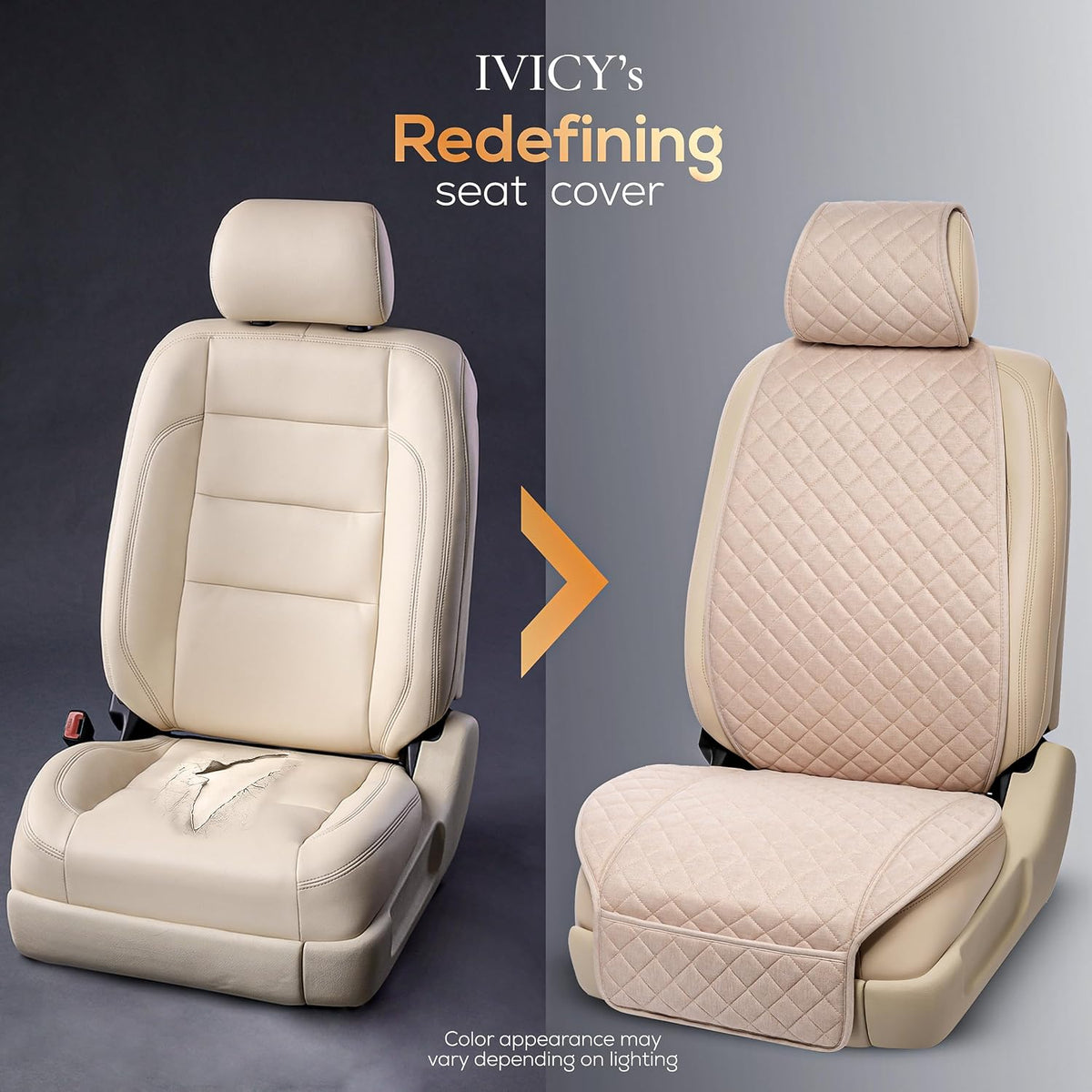 IVICY Faux Linen Front Car Seat Cover – Non-Slip Bucket Seat Protector for Most Cars, SUVs, Vans & Trucks – 1 Seat Cover, Machine Washable, Side-Airbag Friendly, Light Beige