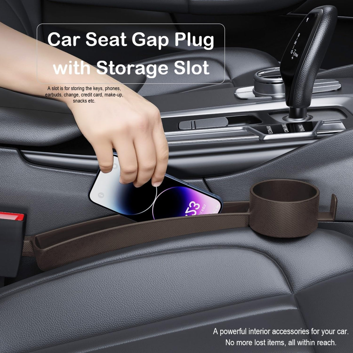 Car Seat Gap Plug with Storage Slot, Auto Gap Filler Organizer with Cup Holder, Universal Carseat Side Gap Filler Strip 2 Pack Between Front Seats & Console, Anti-Drop Pad with Seatbelt Holes, Black