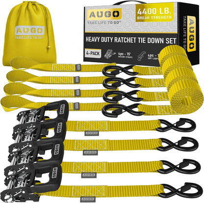 AUGO Ratchet Straps Heavy Duty 4 Pack -15 FT - 2200 LB Break Strength – with Safety Lock S Hooks - Cargo Straps for Moving, Appliances, Motorcycle – Soft Loop Tie Down Straps