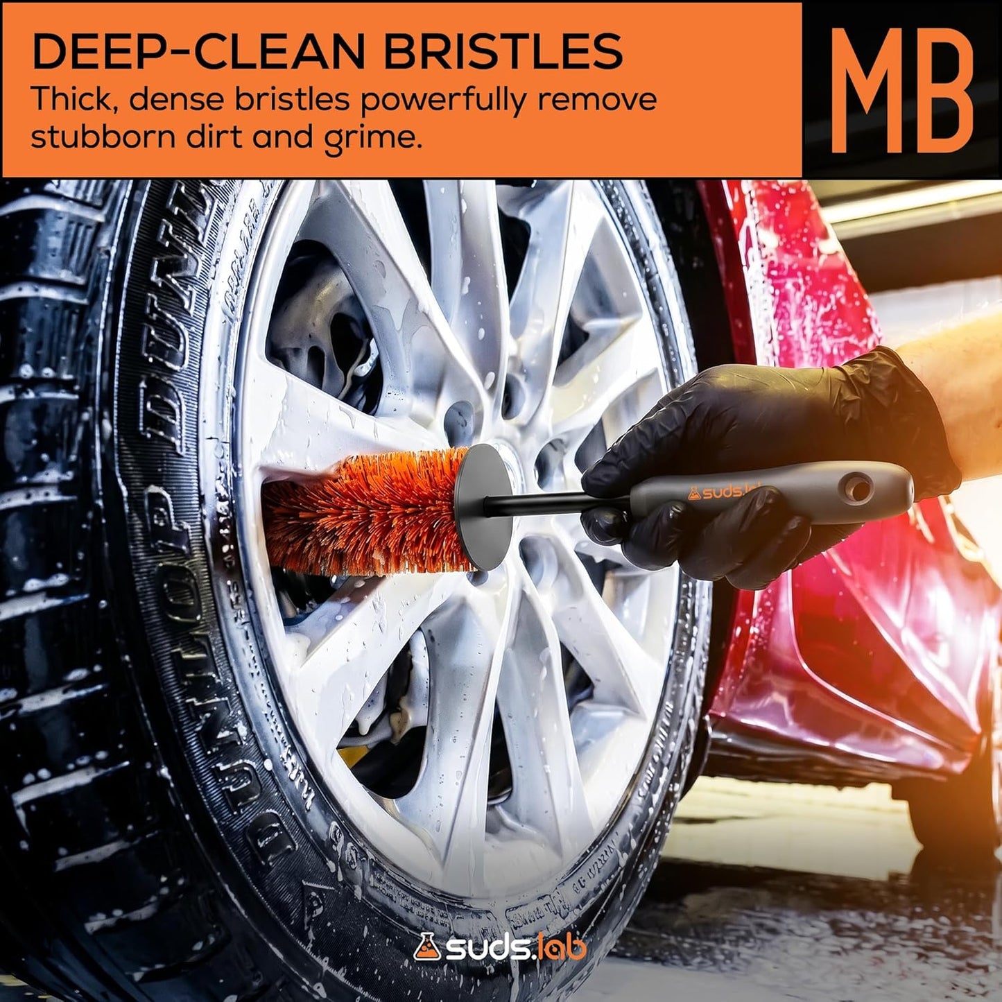 Suds Lab WB Premium Detailing Wheel Brush for All Vehicle Types – 17.7" Ultra-Soft and Scratch-Free Reusable Rim, Wheel, and Tire Brush for Deep Cleaning