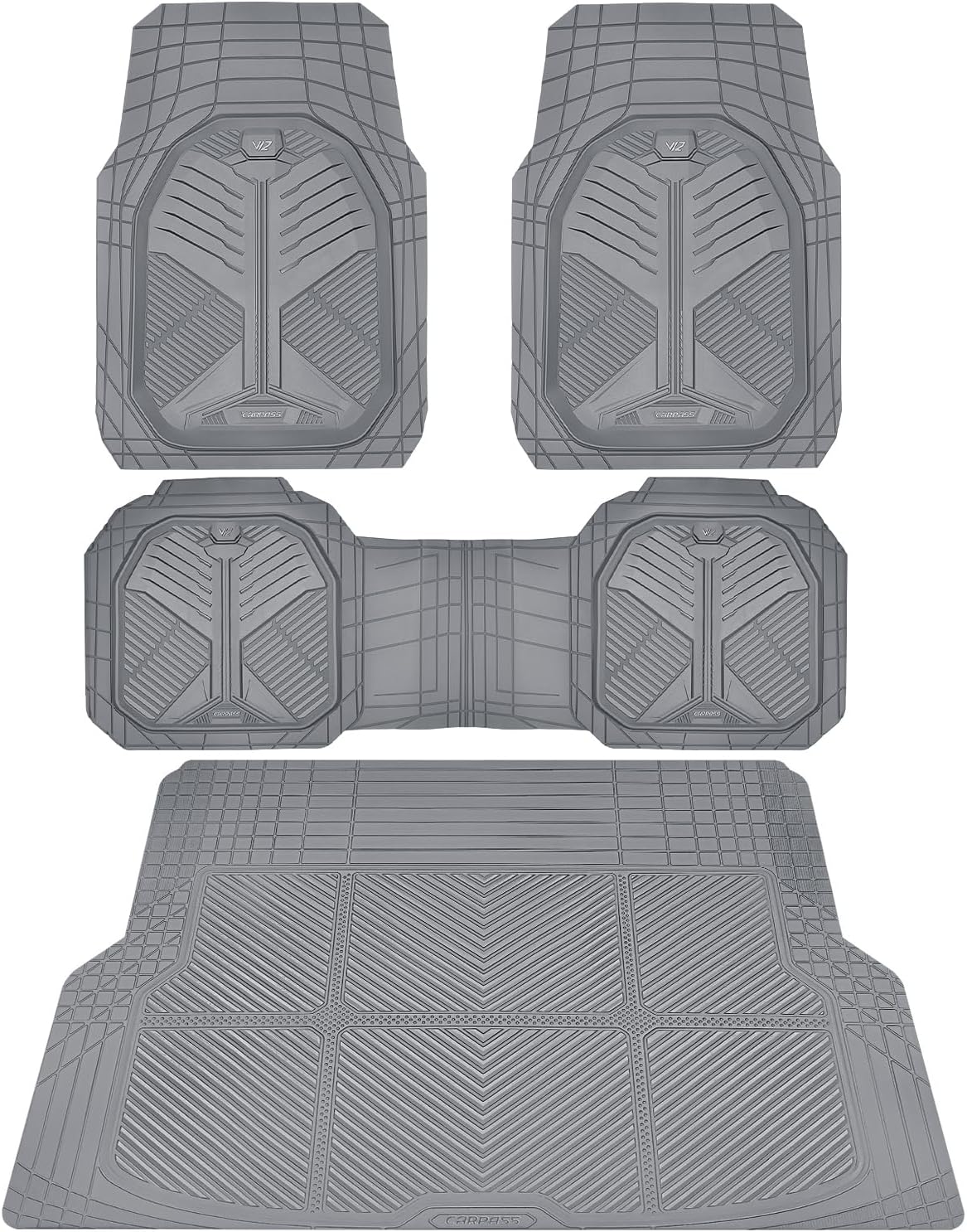 CAR PASS Heavy Duty Rubber Car Mats with Cargo Liner, Deep-Dish Car Floor Mats and Trunk Mat All Weather, Universal Trim-to-Fit for SUVs Trucks Sedans, Waterproof Anti-Slip, Trimmable V12 Black