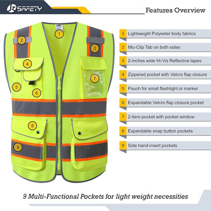JKSafety 9 Pockets Class 2 High Visibility Zipper Front Safety Vest With Reflective Strips,Meets ANSI/ISEA Standard (Large, 150-Yellow) - Colors B