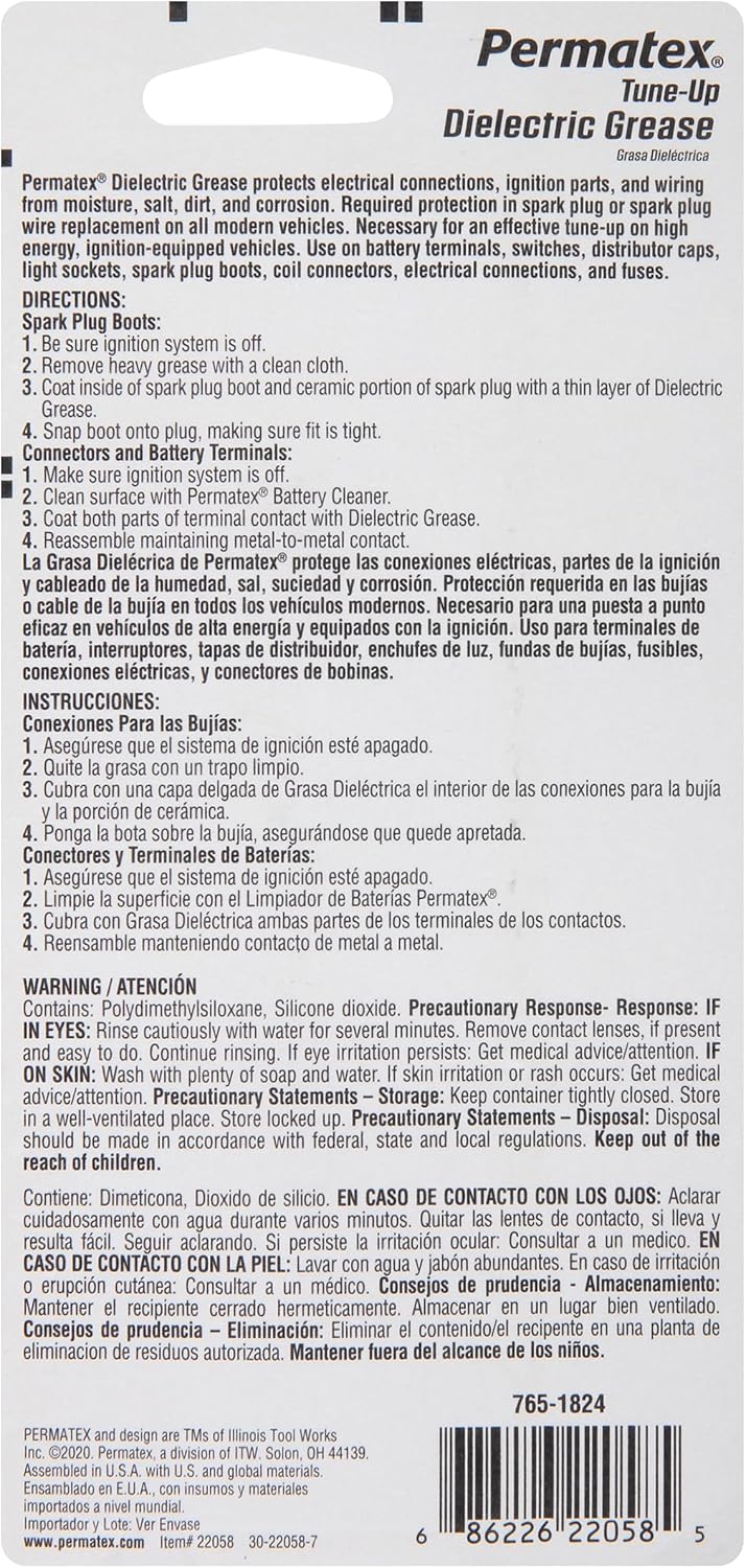 Permatex 22058 Dielectric Tune-Up Grease, 3oz. - High Performance Dielectric Grease Used to Protect Terminals, Spark Plugs, Wiring and Other Electrical Connections Against Salt, Dirt, and Corrosion