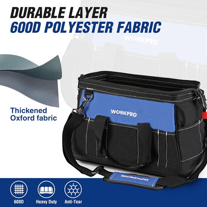 WORKPRO 16-inch Wide Mouth Tool Bag with Water Proof Molded Base | Multi-Pocket, Heavy Duty Cloth, Adjustable Shoulder Strap, Double-pull Zipper, For Workshops, Outdoor Projects