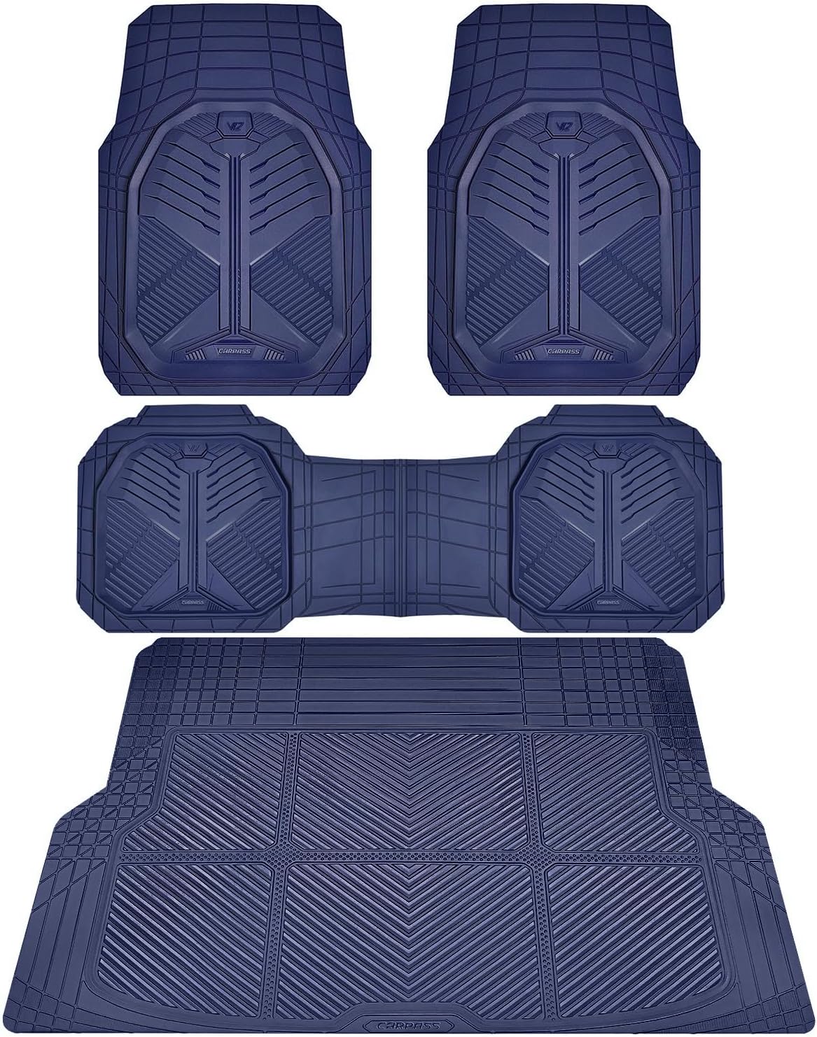 CAR PASS Heavy Duty Rubber Car Mats with Cargo Liner, Deep-Dish Car Floor Mats and Trunk Mat All Weather, Universal Trim-to-Fit for SUVs Trucks Sedans, Waterproof Anti-Slip, Trimmable V12 Black
