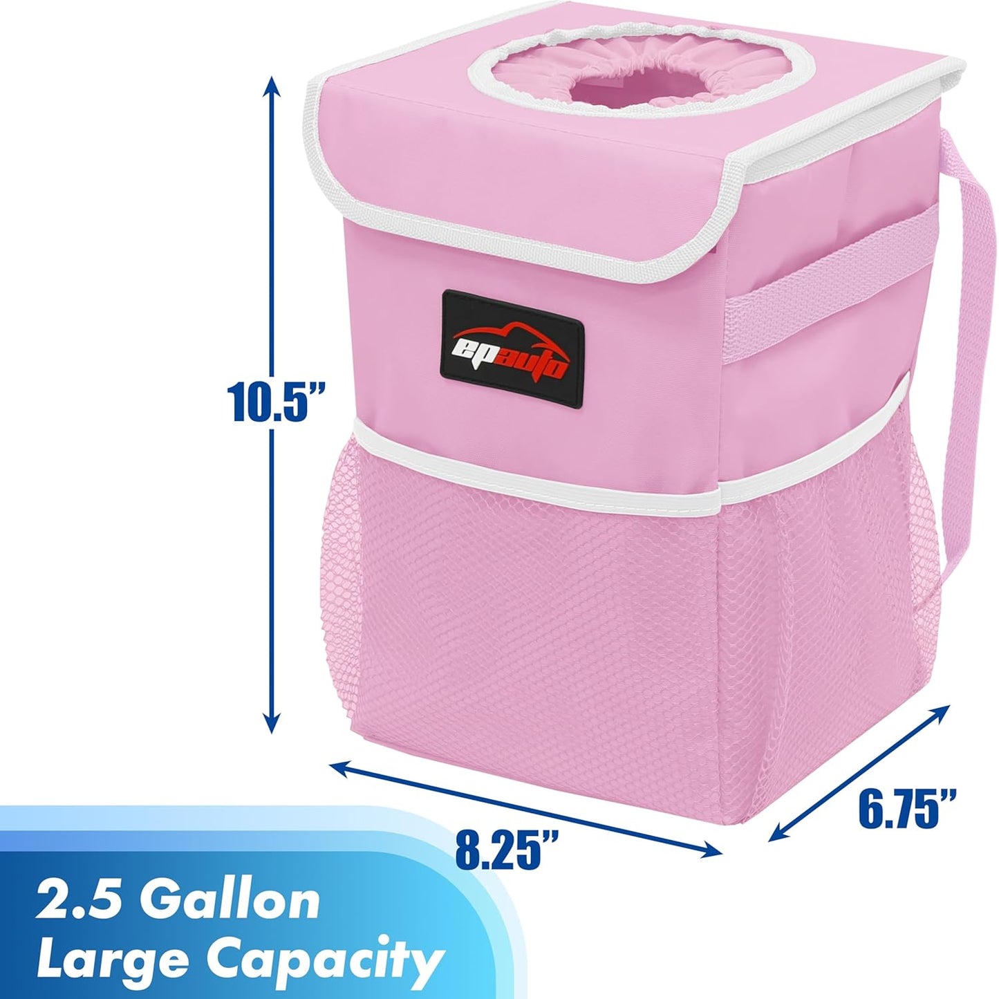 EPAuto Waterproof Car Trash Can with Lid and Storage Pockets, 2.5 Gallon, Black