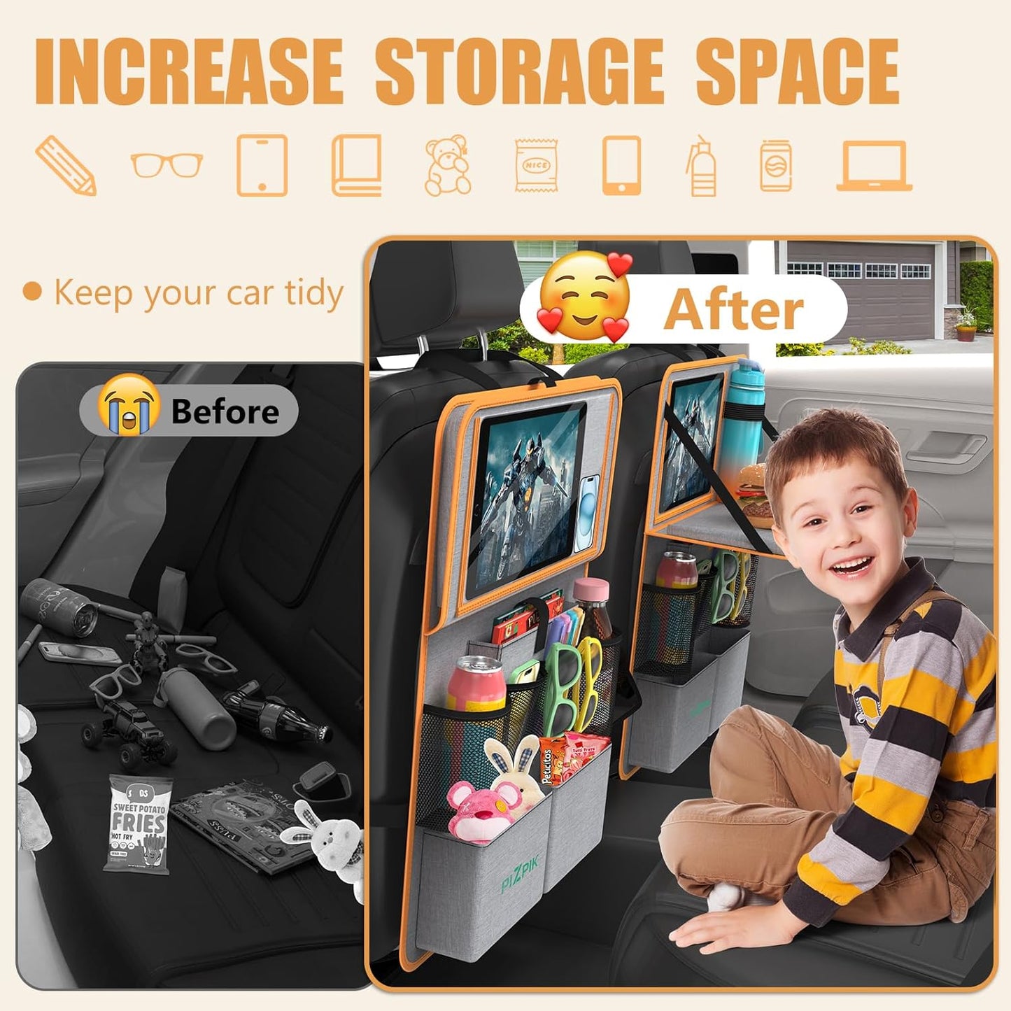 Plzpik Car Backseat Organizer with Tray(2Pack),13 Storage Pockets with Foldable Food Tray, Protector Kick Mats for Kids, Travel Accessories Organizer (Black)