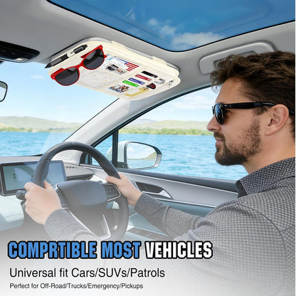 HUANLANG Car Sun Visor Organizer, Tactical Car Accessories with Zipper Storage Pouch, Glasses Clip Card Sleeve Pocket, Multi-Pocket Visor Organizer Fits Most Cars, SUVs, Trucks