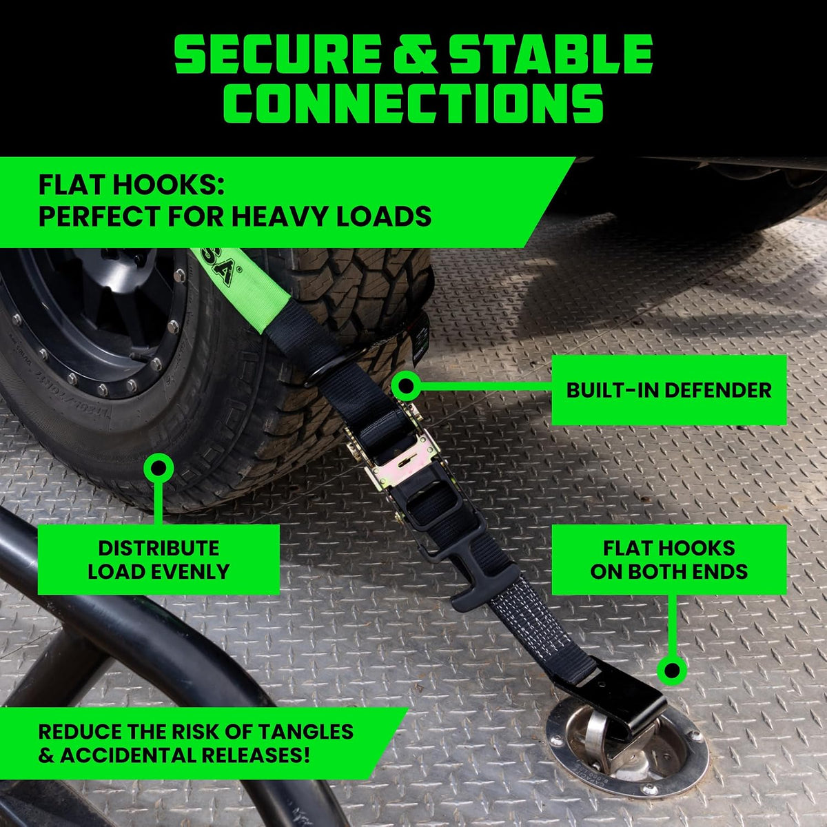 Rhino USA Car Tie Down Straps with J Hooks – 4 Pack 2" x8' – 10,000lbs Break Strength – Heavy Duty T-Handle Car Hauler Tire Lasso Wheel Straps for Trailers, UTV & Powersports – Black
