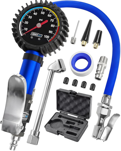 GERCHWAY Tire Inflator with Pressure Gauge and Longer Hose - Most Accurate, Heavy Duty Air Chuck with Gauge for Air Compressor Tire Inflator Attachment - 100PSI