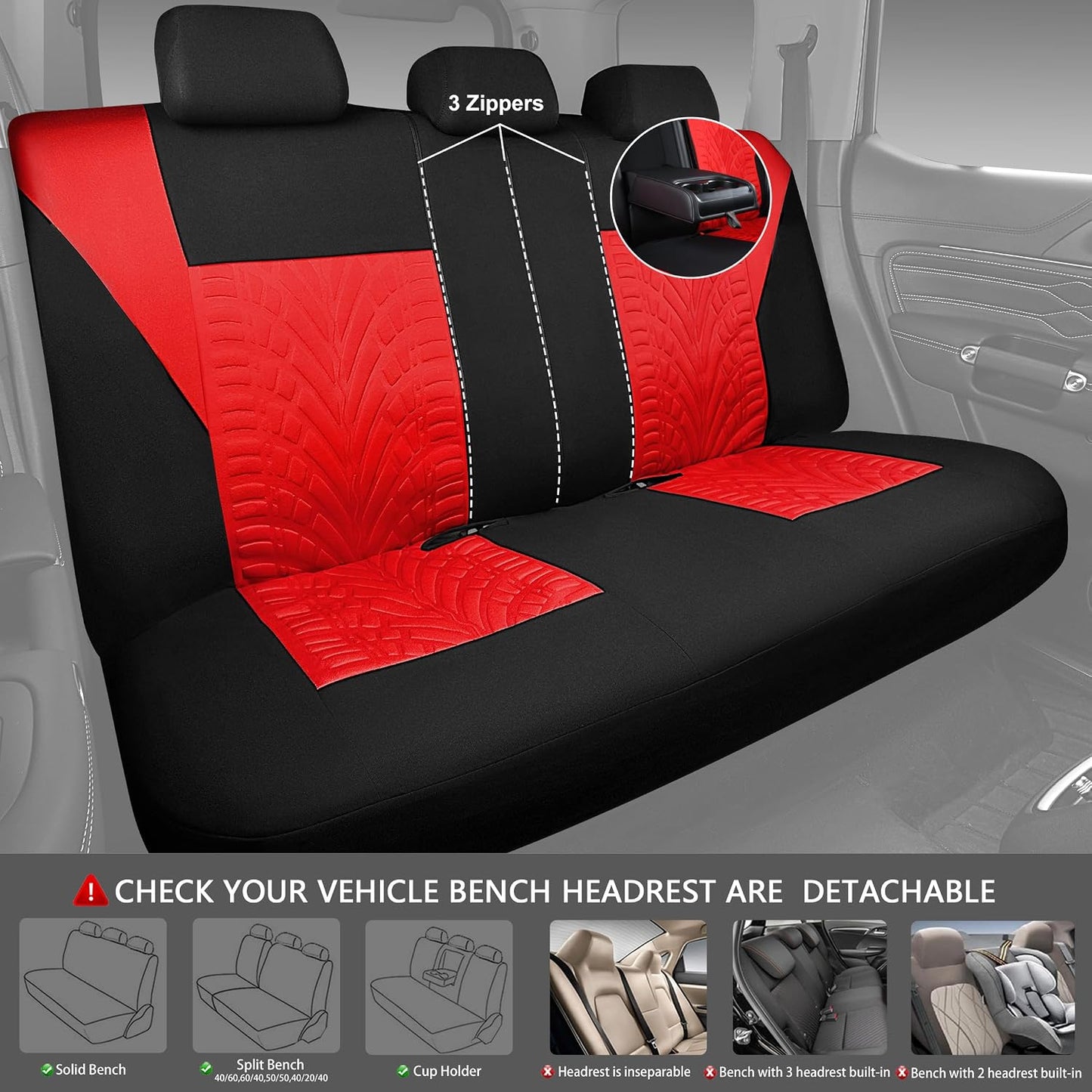 CAR PASS Car Seat Covers Full Sets, Front & Split Rear Bench for Car, 3D Tyre Embossed Automotive Interior Covers, Airbag Compatible, Quick Setup Universal Fit Seat Covers for Car, SUV(Charcoal)