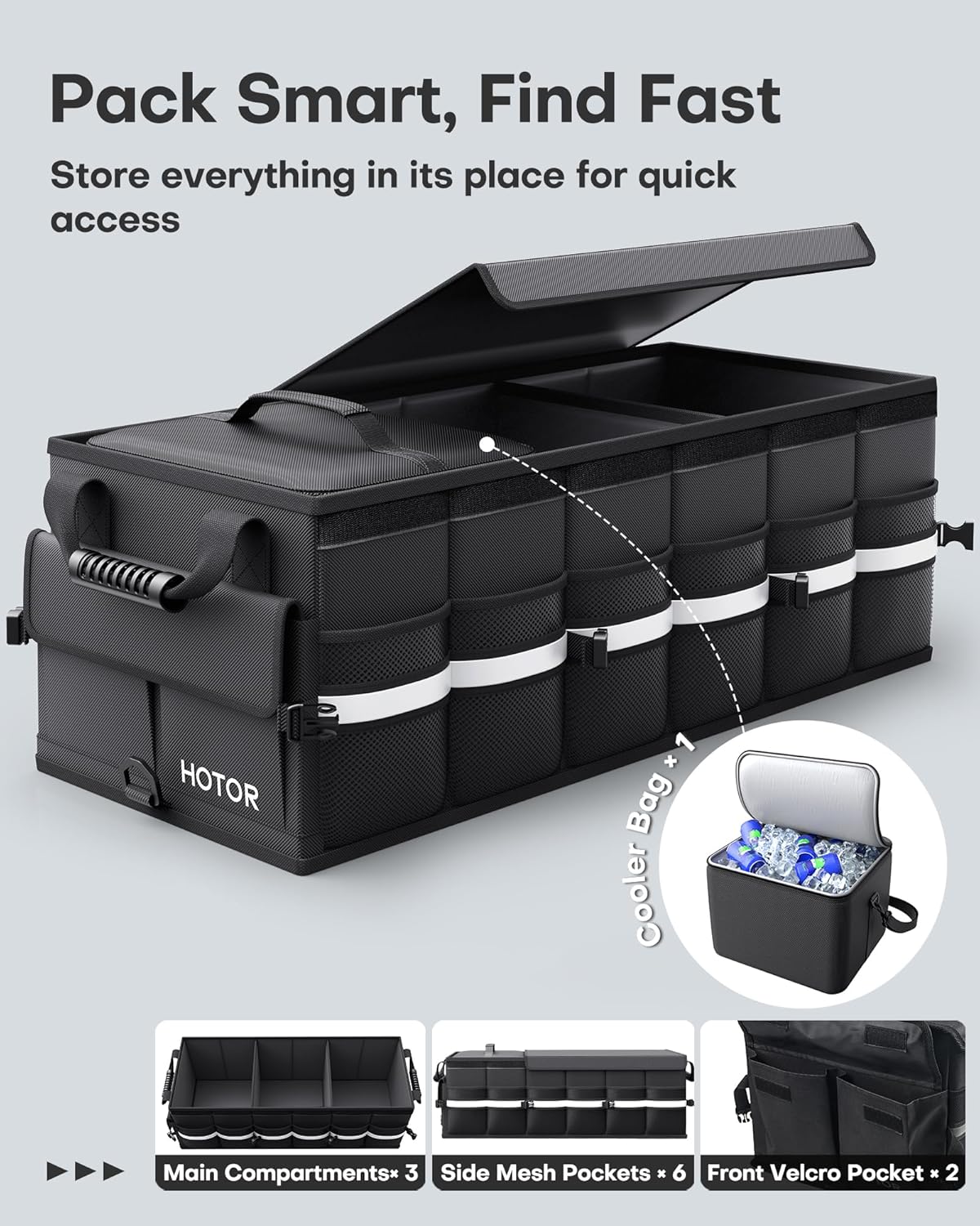 HOTOR Car Trunk Organizer - Trunk Organizer for SUV with Removable Cooler Bag, Foldable Cover, 3 Compartment Car Storage Essential Car Accessories for Truck, Van & Sedan, Black, 33.1" x 12.6" x 11.0"