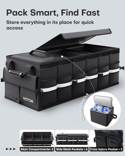 HOTOR Car Trunk Organizer - Trunk Organizer for SUV with Removable Cooler Bag, Foldable Cover, 3 Compartment Car Storage Essential Car Accessories for Truck, Van & Sedan, Black, 33.1" x 12.6" x 11.0"