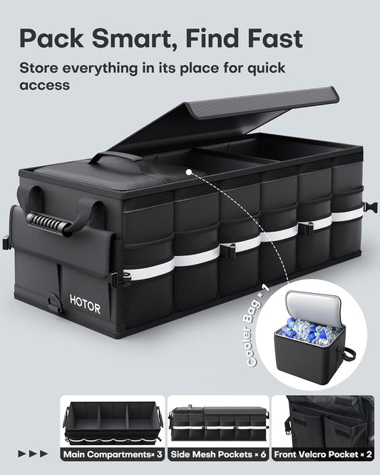 HOTOR Car Trunk Organizer - Trunk Organizer for SUV with Removable Cooler Bag, Foldable Cover, 3 Compartment Car Storage Essential Car Accessories for Truck, Van & Sedan, Black, 33.1" x 12.6" x 11.0"