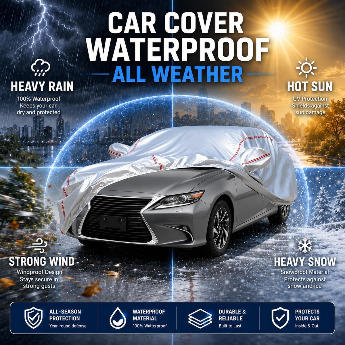 Car Cover for Sedan, Waterproof All Weather Heavy Duty, 360° Underbody Wrap Windproof Design, Quick Install Outdoor Vehicle Cover, Fits 186-193 in