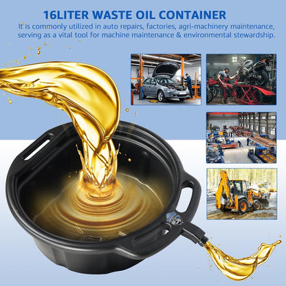 HKTE 16L Oil Drain Pan, 4.2 Gallon Large Capacity Oil Change Pan with Anti-Splash Lip & Wide Pour Spout, Heavy Duty HDPE Oil Catch Container for Cars, Trucks, SUV Maintenance