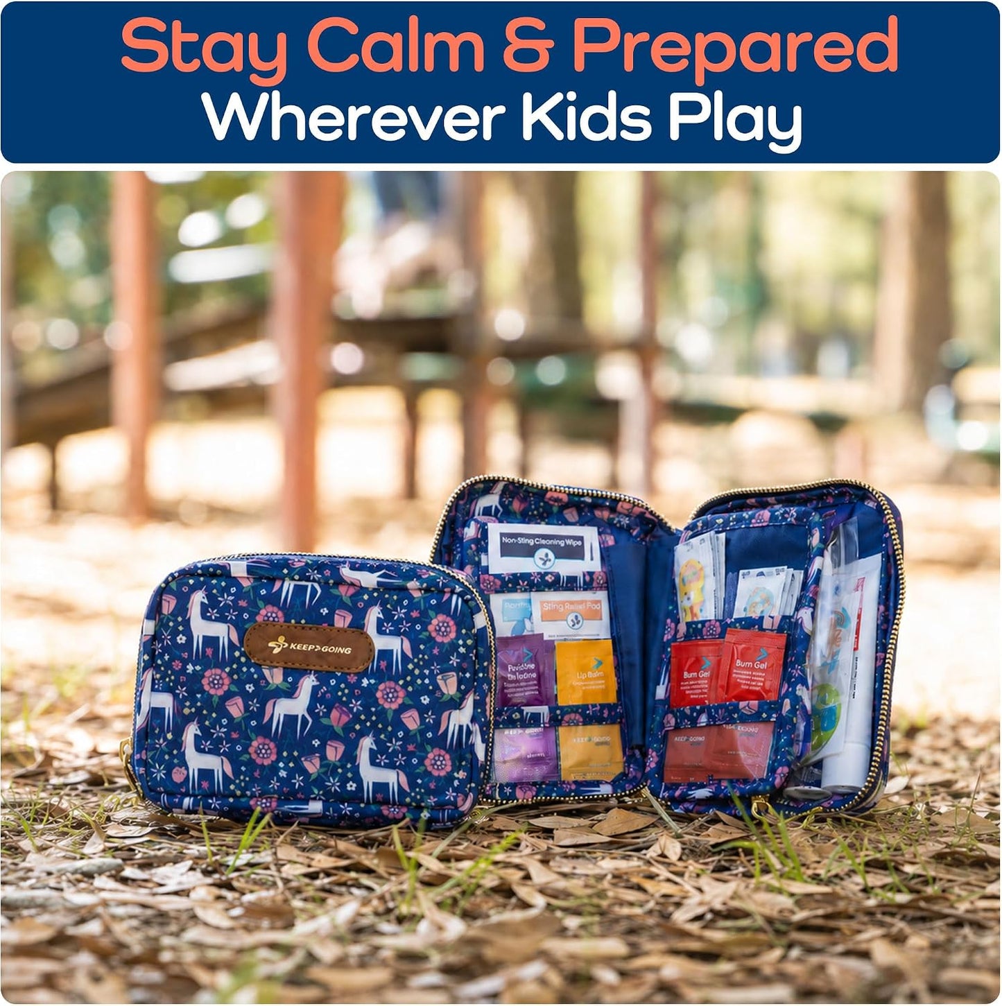 KeepGoing Travel First Aid Kit for Kids – 130 Pc. for Car, Home, Purse, Diaper Bag & Backpack with Latex-Free Bandages - Mini First Aid Kit Travel Size TSA-Approved