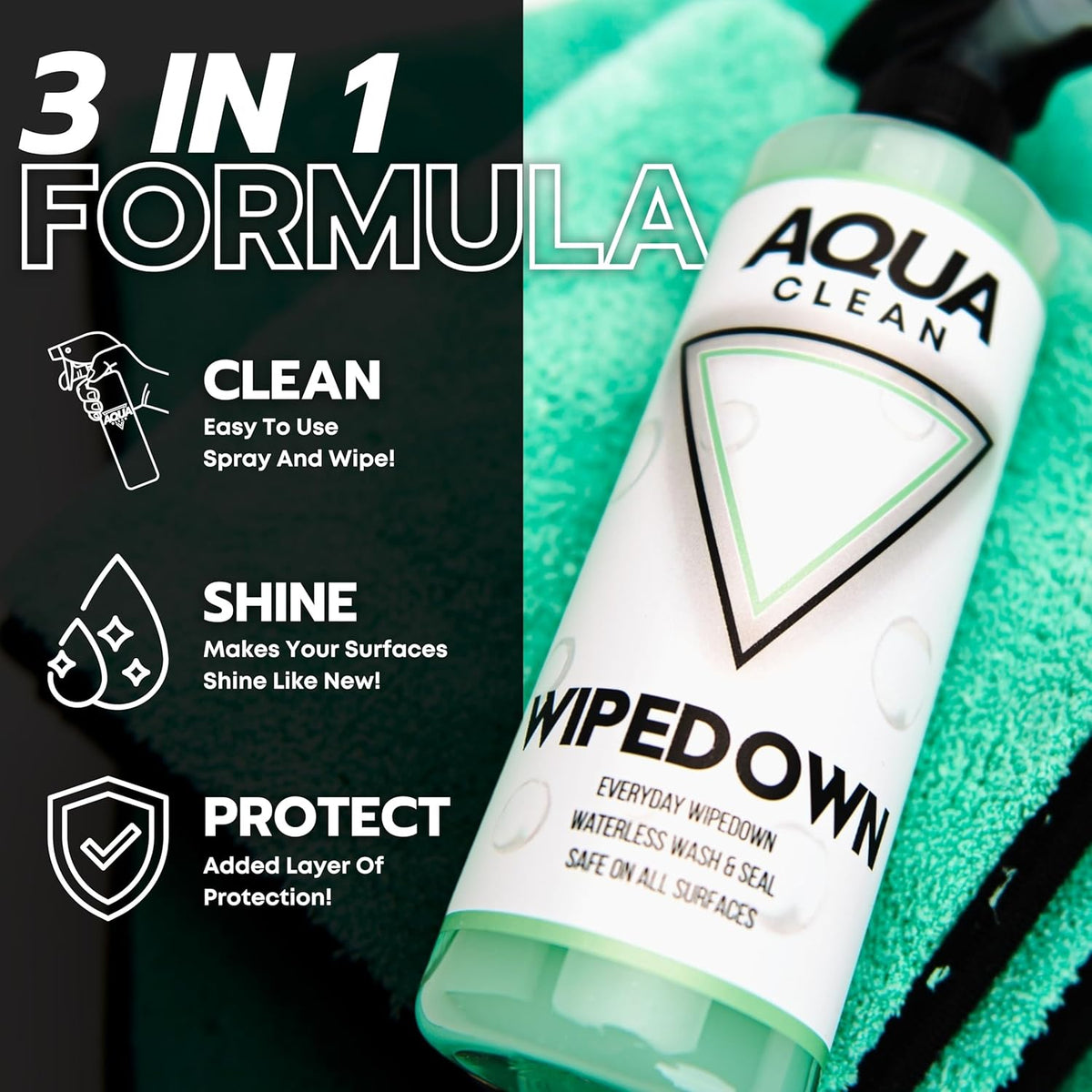AquaClean WIPEDOWN Ceramic Quick Detailer & Waterless Wash | Car, Truck, Boat, RV, Motorcycle & Off-Road | Hydrophobic Coating | UV Protection | Clean, Shine & Protect | USA Made | 16oz