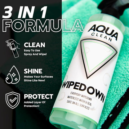 AquaClean WIPEDOWN Ceramic Quick Detailer & Waterless Wash | Car, Truck, Boat, RV, Motorcycle & Off-Road | Hydrophobic Coating | UV Protection | Clean, Shine & Protect | USA Made | 16oz