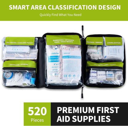 520 Pieces Premium First Aid Kit - Large Emergency Medical Kit for Survival, Car, Home, Travel, Camping, Backpack, Hiking, School (Red)
