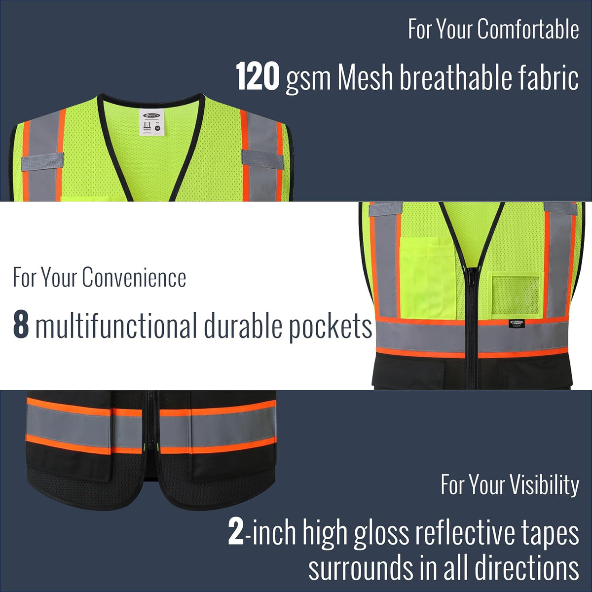 JKSafety Safety Vest for men women Hi Vis Reflective Vest with Pockets and Zipper High Visibility Meet ANSI Standard（BX320