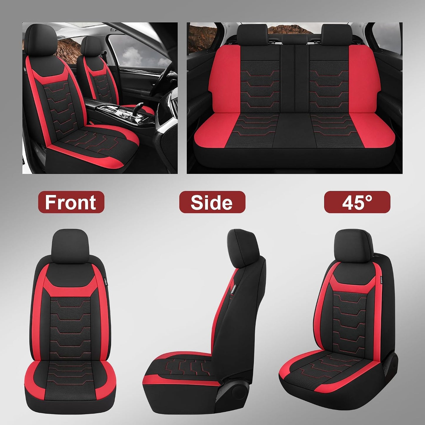 CAROMOP Luxury PU Leather Car Seat Covers Full Set-Waterproof Seat Protectors with Split Bench Seat Covers for Cars-Universal Cars Interior Covers for Sedans, SUVs, Pick-up Trucks(Gray/Gray Line)