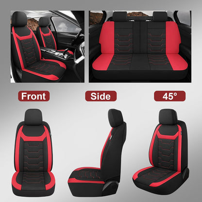 CAROMOP Luxury PU Leather Car Seat Covers Full Set-Waterproof Seat Protectors with Split Bench Seat Covers for Cars-Universal Cars Interior Covers for Sedans, SUVs, Pick-up Trucks(Gray/Gray Line)