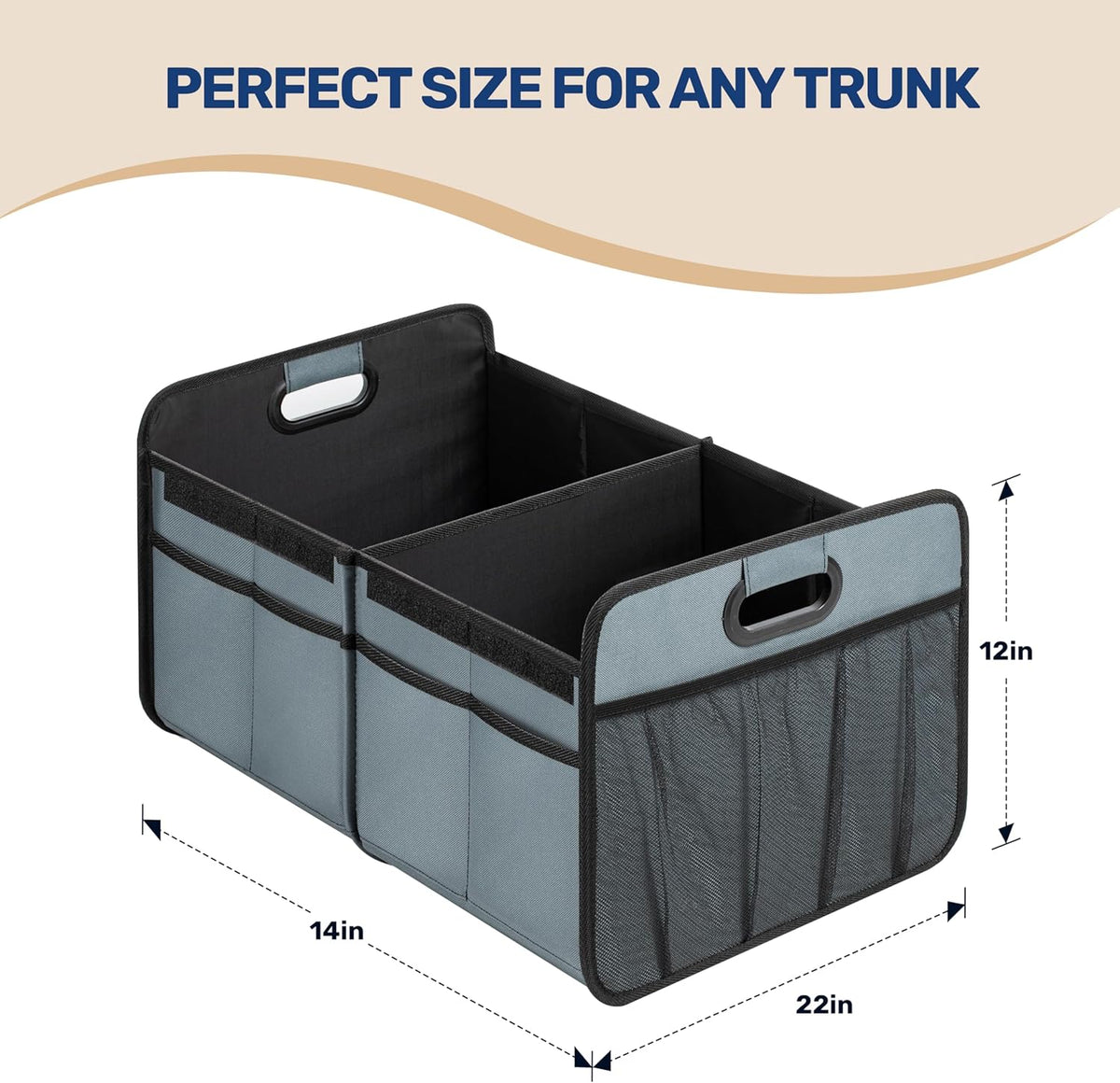 YSSOA Car Trunk Organizer, 2 Compartments Anti-slip 14" D x 22" W x 12" H Collapsible Trunk Storage, 600D Oxford Polyester Car Storage, Suitable for SUV, Minivan, Truck, Black