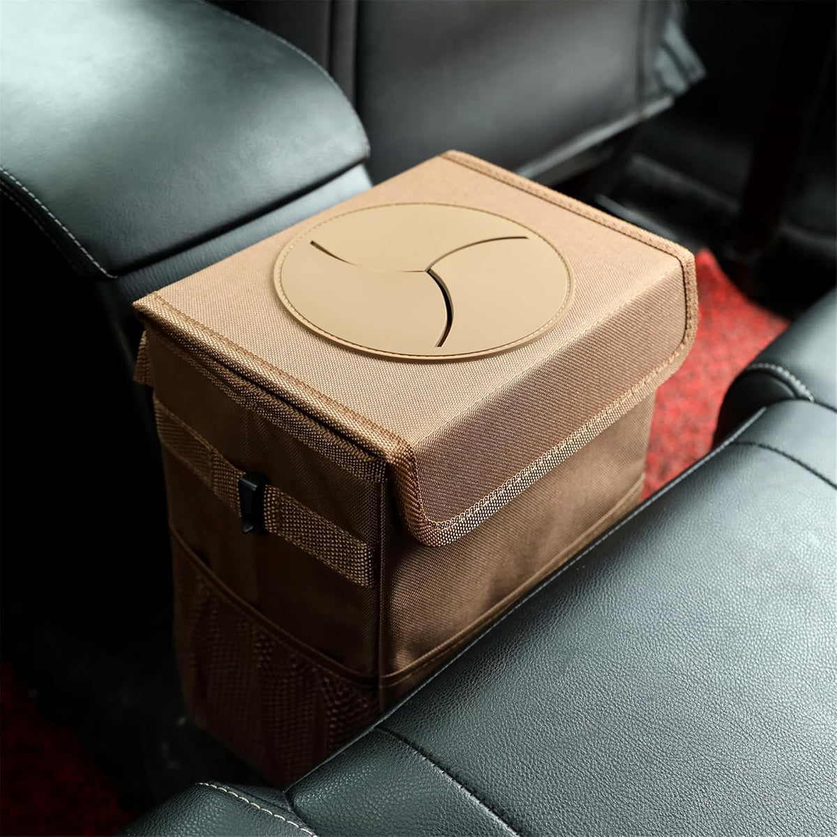 AOKJOY Car Garbage can with lid Leak Proof Vehicle Trash Can 3 Storage Pockets Hanging Waterproof car Trash Bag for SUV Beige