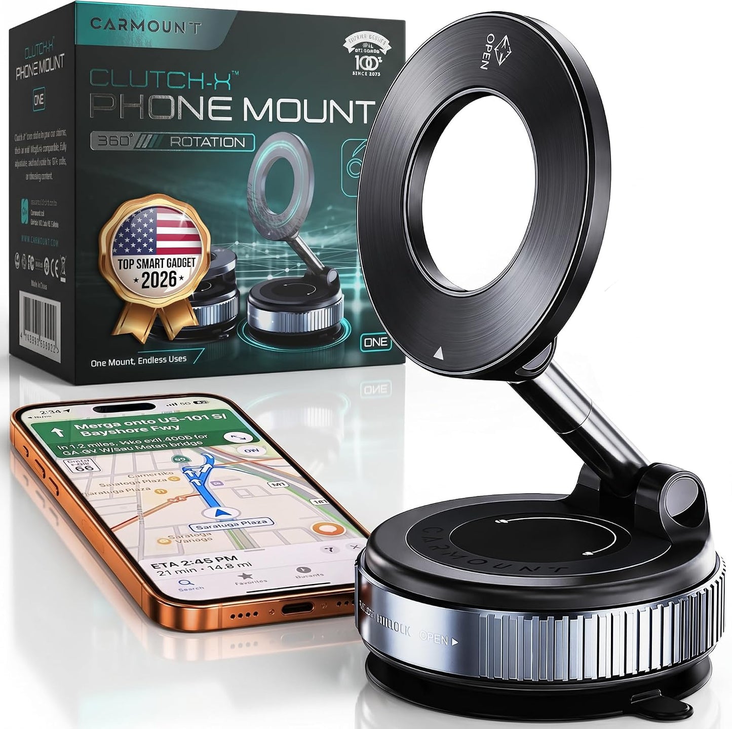 CARMOUNT Clutch-X™ Black – Vacuum Phone Mount Suction Cup Car Phone Holder for iPhone, Window Phone Mount for Travel, 360° Vacuum Magnetic Phone Holder for Car, Magnetic Phone Holder with Suction Cup