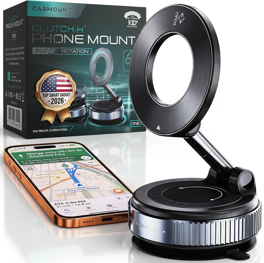 CARMOUNT Clutch-X™ Black – Vacuum Phone Mount Suction Cup Car Phone Holder for iPhone, Window Phone Mount for Travel, 360° Vacuum Magnetic Phone Holder for Car, Magnetic Phone Holder with Suction Cup