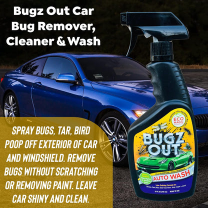 Car Bug Cleaner, Remover & Wash - Spray Bugs, Tar, Bird Poop Off Exterior of Car & Windshield. Remove Black Streaks Without Scratching or Removing Paint. 24 oz bottle w/ Microfiber Cloth