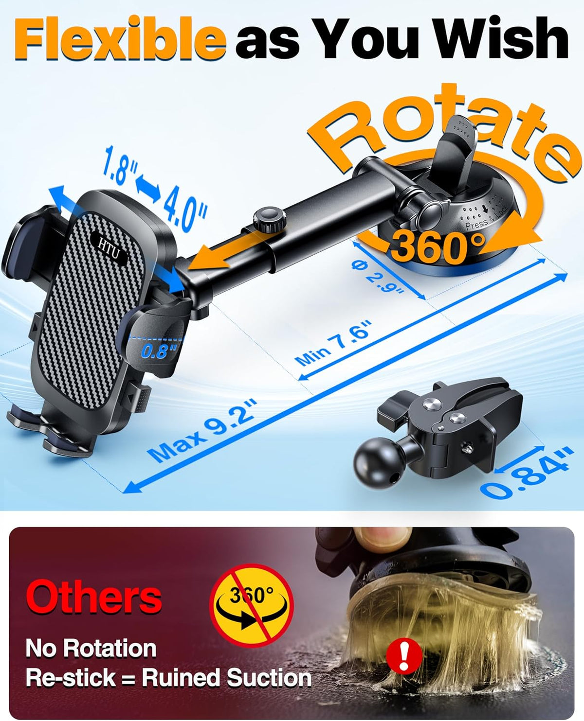 2026 Ultimate Best【True Military-Grade & Safety Cert】Car Phone Holder HTU【Upgraded 360 Rotation & 100+LBS Strongest Suction】5-in-1 Truck Windshield Dashboard Vent Mount Stand for iPhone Android, Black